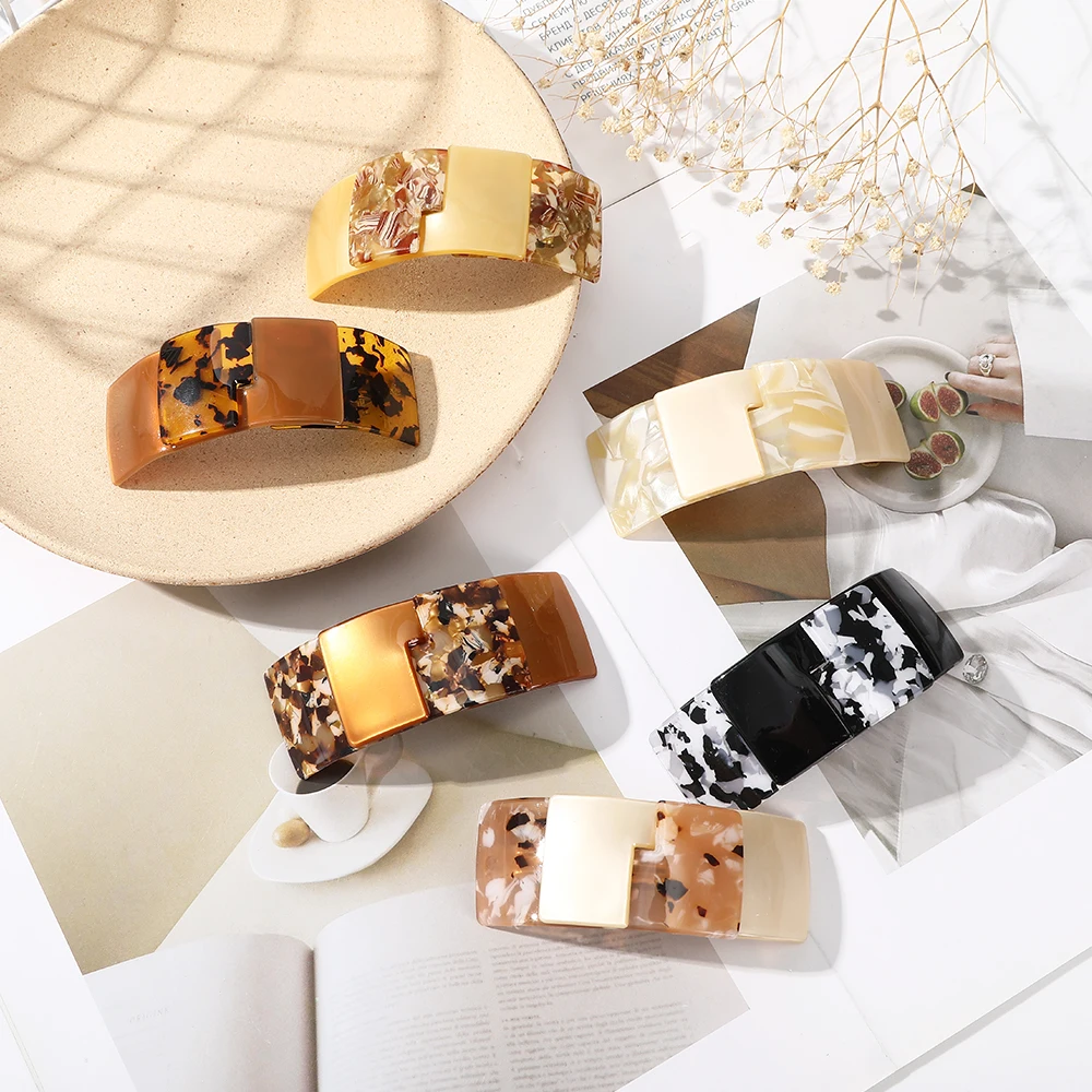 Elegant Acetate Resin Arc Spring Clip Vintage Tortoiseshell Hair Clip Women Rectangle Geometric Design Hairpin Ponytail Hairgrip