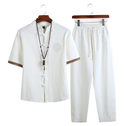 Conjunto de ropa de calle para hombre, chándal Hanfu de 2 piezas, camisas y pantalones largos de estilo chino, traje Tang 5Xl, verano, 2023