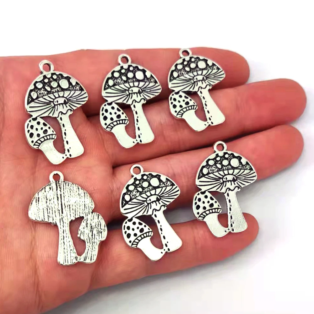 hzew 50pcs Handmade Antqiue Silver Color Metal Mushroom Charms Pendants Earrings necklace Charms for women man Accessories DIY