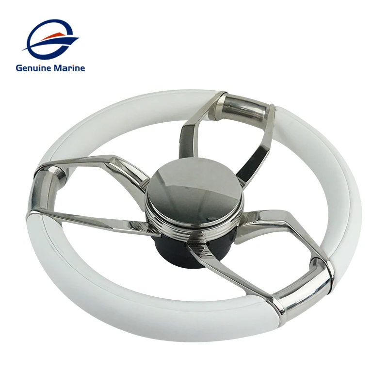 Genuine Leather 13.7'' 350mm Universal Marine Steering Wheel Stainless Steel 3 Spokes Fit 3/4