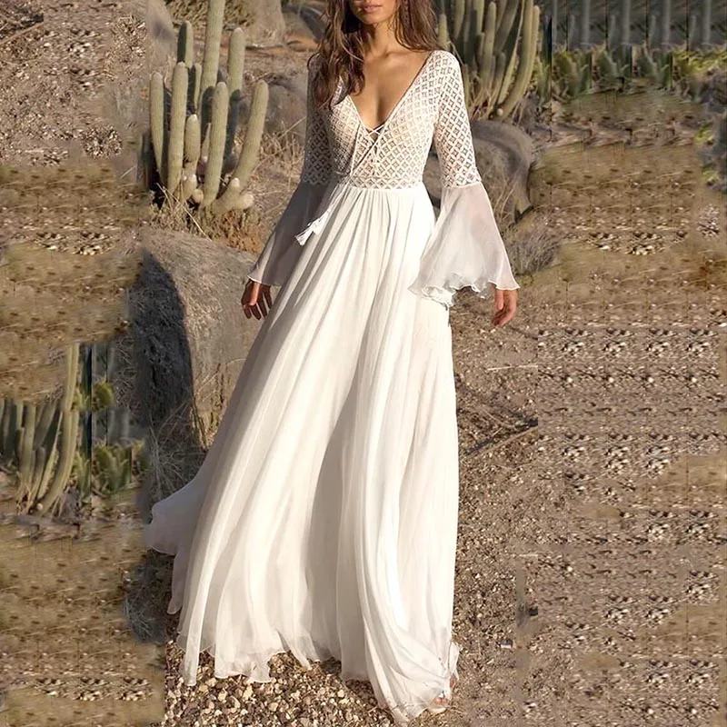 Women Long Flare Sleeve V Neck White Hollow Boho Lace Maxi Dress Female  Holiday Chic Summer