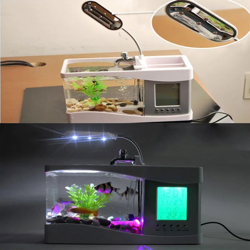 NEW usb mini goldfish bowl table lamp small multifunctional ecological aquarium office decoration fish tank clock night light