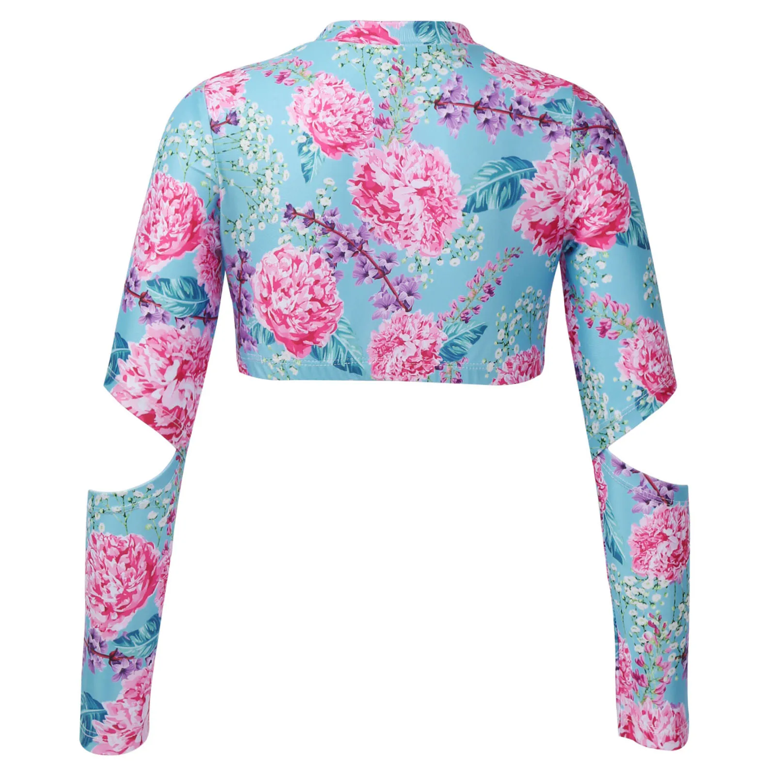 Summer Kids Girl Slight High Neck Long Sleeve Open Elbow Crease Printed Elastic Hem Crop Top For Gym Yoga Training Fitness Sport