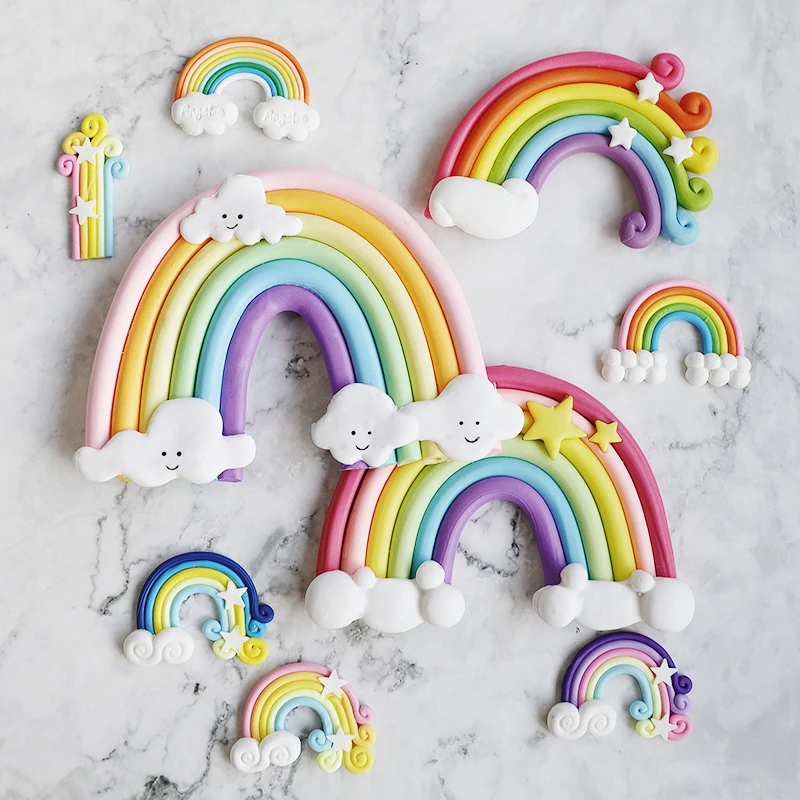 Rainbow Cake Topper Star Cupcake Decor Clay Cake Decor Baby Shower One 1st Happy Birthday Party Dessert Decoration Kids Gir