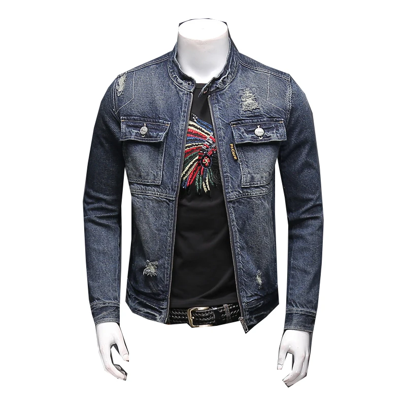 

Brand Biker Jackets Vintage Blue Hole Zippers Denim Coat Fashion Men Slim Fit Top Drop Shipping