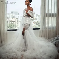 Wedding Robes for Bride to be Off Shoulder Thigh-High Slits Sweep Train A Line Pleats Illusion Bodice Crystal Bridal Gowns