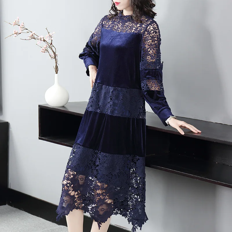 2023 spring dress women's hook flower hollow water-soluble splicing fashion women's Velvet layer doll dresses