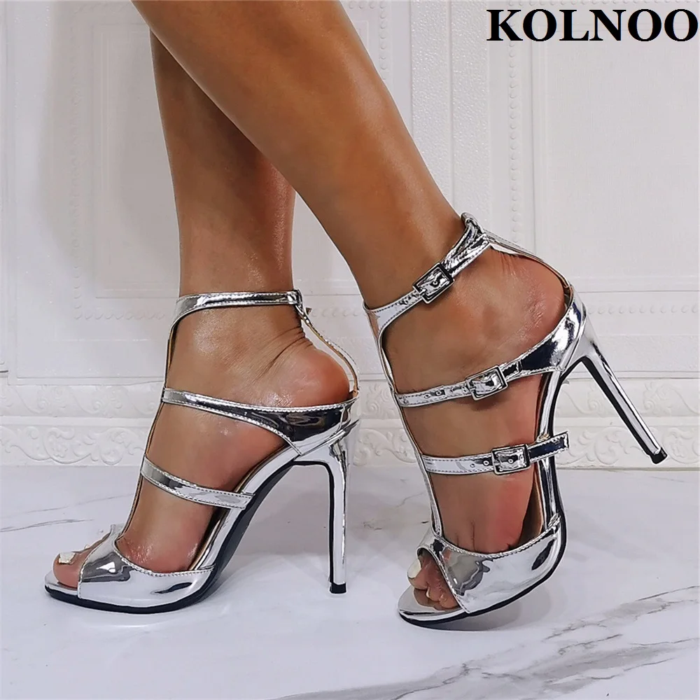 

Kolnoo New Classic Womens High Heeled Sandals Silver Faux Leather Buckle Straps Summer Shoes Evening Xmas Fashion Party Shoes