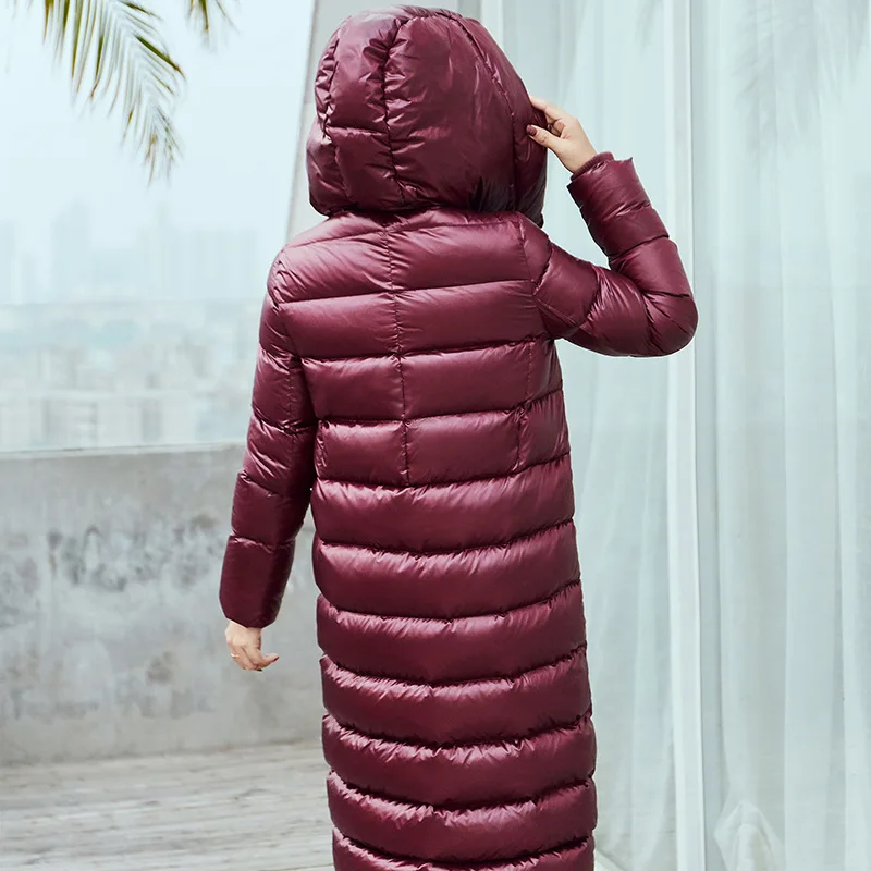 Women's Down Jacket X-Long Winter Coat Female Korean Casual Thick Bright Duck Down Jacket Women Hooded Warm Outwear 1601