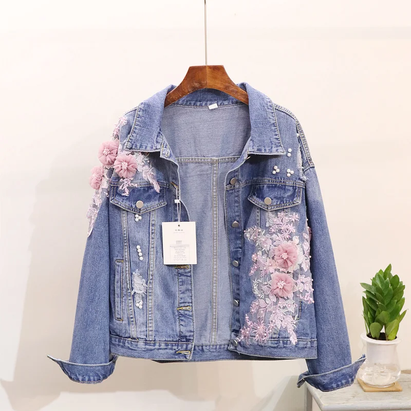 Spring Autumn Women's Harajuku Denim Jacket Coat Hand Beaded Flower Embroidery Short Jean Jackets Female Basic Coats Outfit Y26