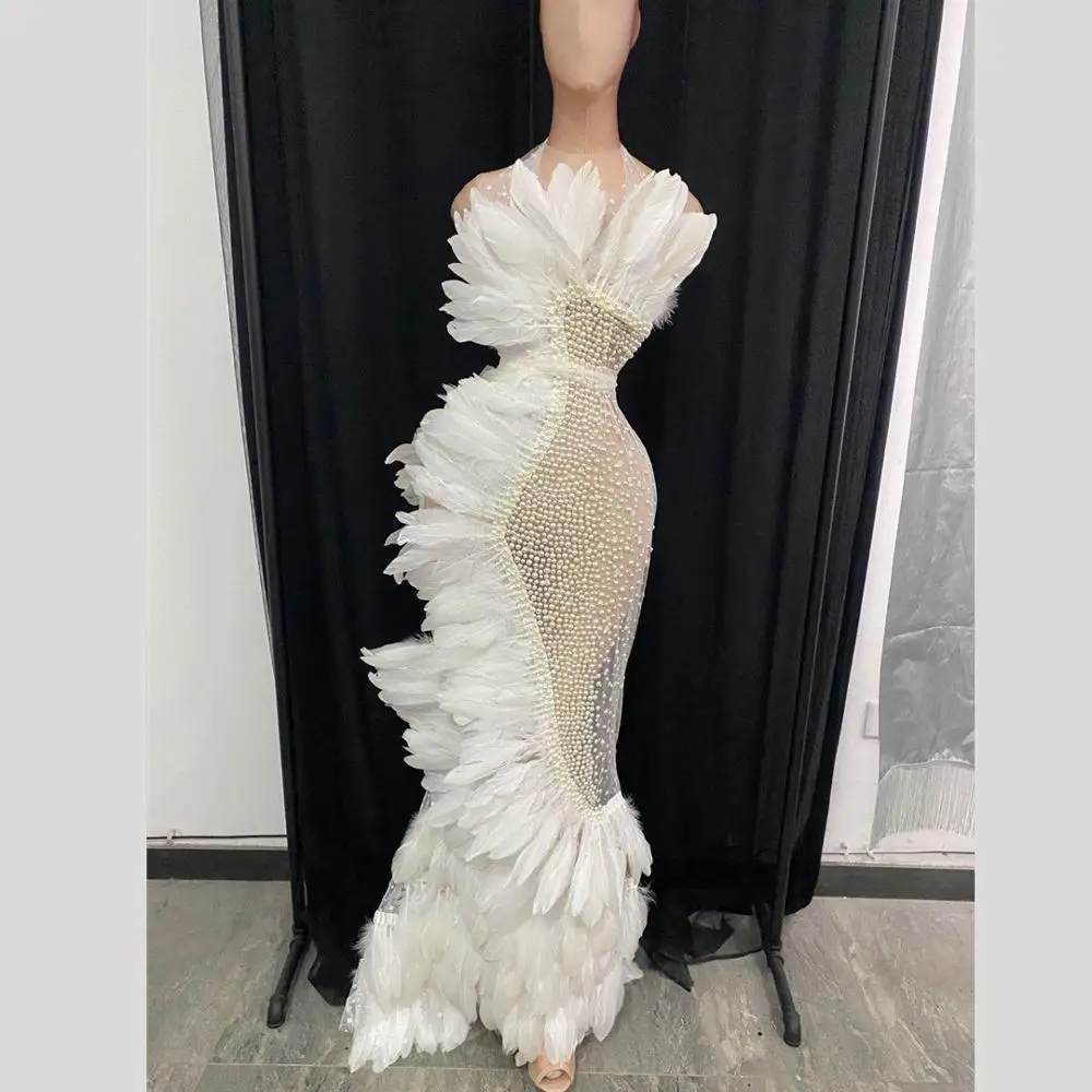 Women Sexy Prom Halter Rhinestone Dress White Feather Mesh See Through Wedding Party Long Dress Singer Stage costume