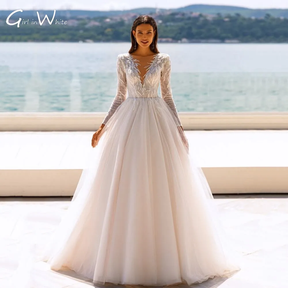 Off White Elegant Lace Wedding Dresses Full Sleeve  Bridal Gowns with Sequins Vestido De Novia A Line Deep V Neck robe de mariée