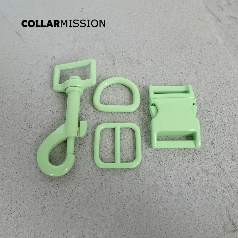 

50pcs/lot(metal buckle+adjust buckle+D ring+metal dog clasp) spray paint green accessory for 20mm webbing DIY dog collar