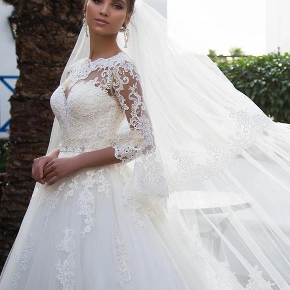 Robe De mariée luxueuse blanche, grande taille, manches 3/4, avec des Appliques au dos à lacets, 2021