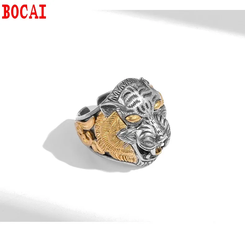 s925 Thai silver inverted leopard head male personality retro ring adjustable