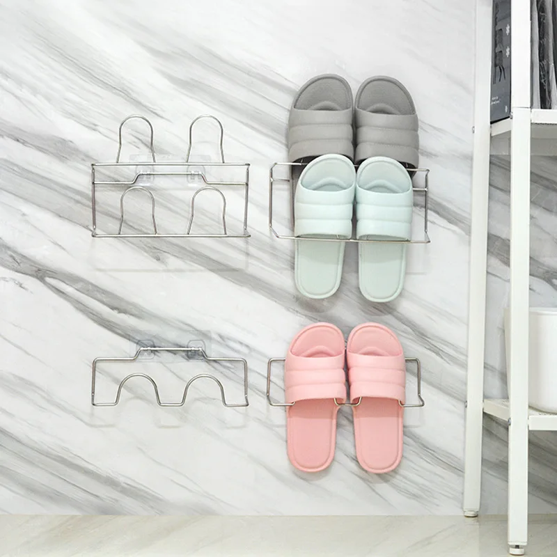 1PC Bathroom Stainless Steel Bathroom Slippers Rack Free Perforation Seamless Wall Hanging Rack