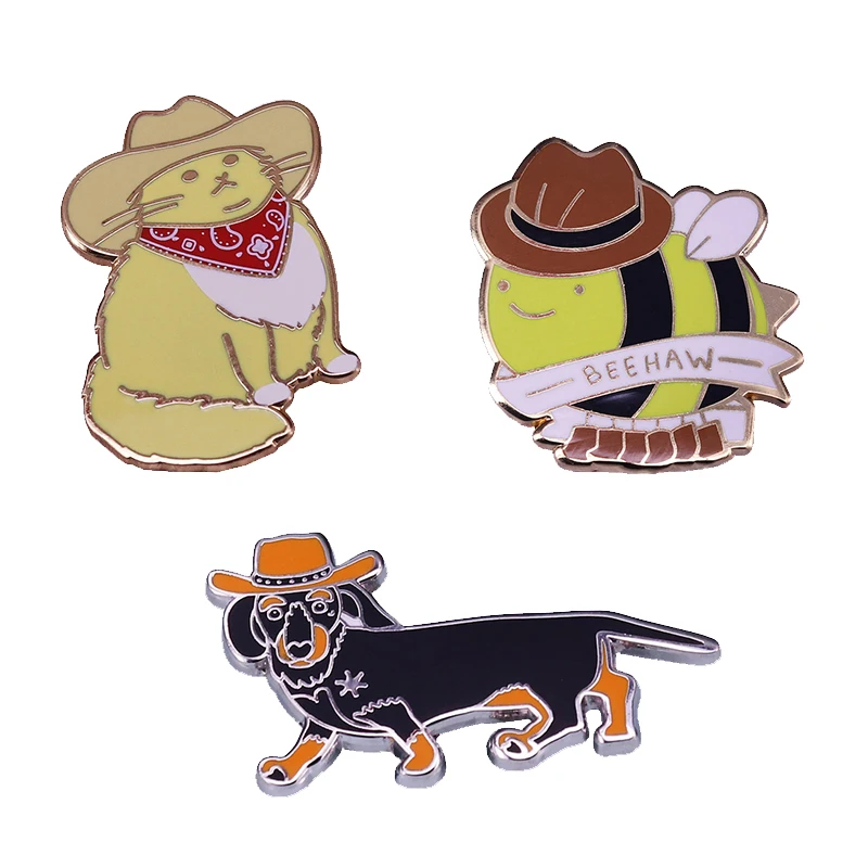 Cute Cowboy Animal Brooch Dog Dachshund Puppy fat cat Kitty Bee Beehaw Funny Enamel Pin