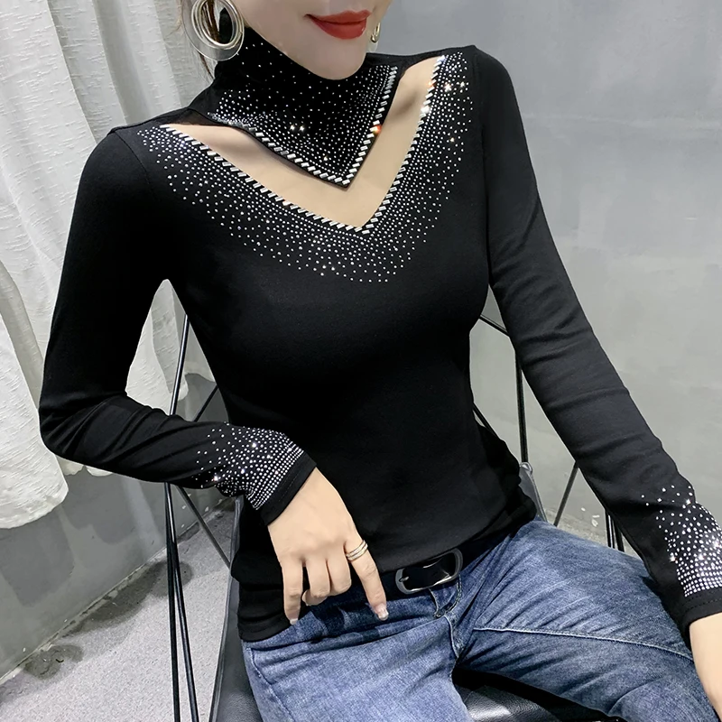 New 2024 Autumn Winter Long Sleeve T-Shirt Fashion Casual Turtleneck Diamond Woman Tee Elegant Slim Women\'s Tops Blusas