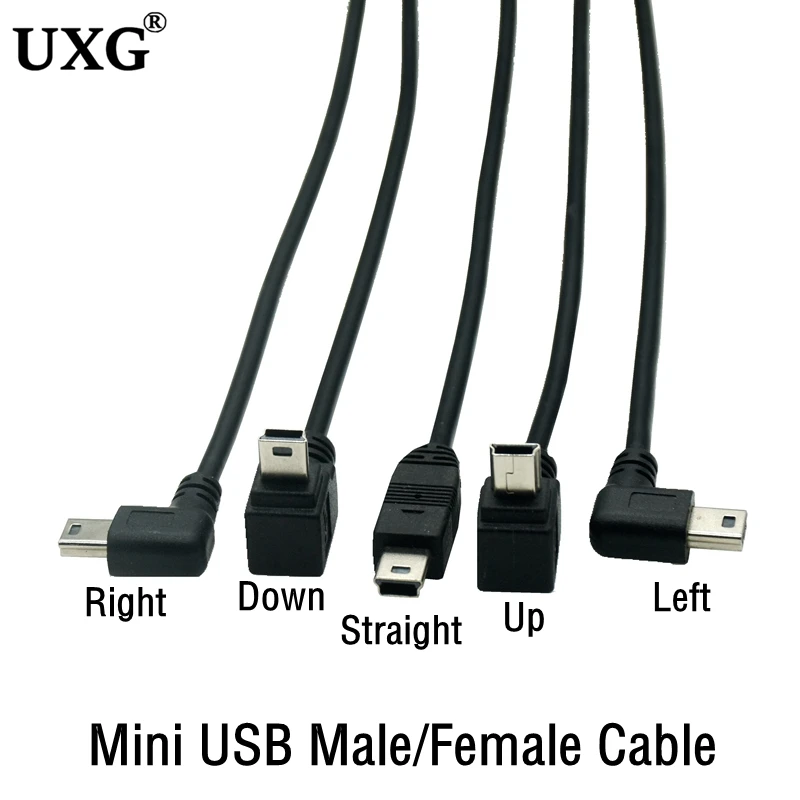 90 stopni Mini USB 5 Pin męski na Mini USB żeński przedłużacz w lewo w dół prostopadły MINI USB 5Pin przedłużacz kabla 0.5m 1.5m