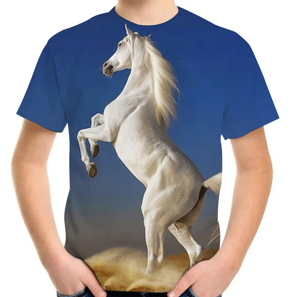 Summer Children Fashion Animal Fire Horse Standing 3D Print Tshirt 4-13Y Boys Girl Birthday T-Shirts Kids Teen Cool Clothes Tees