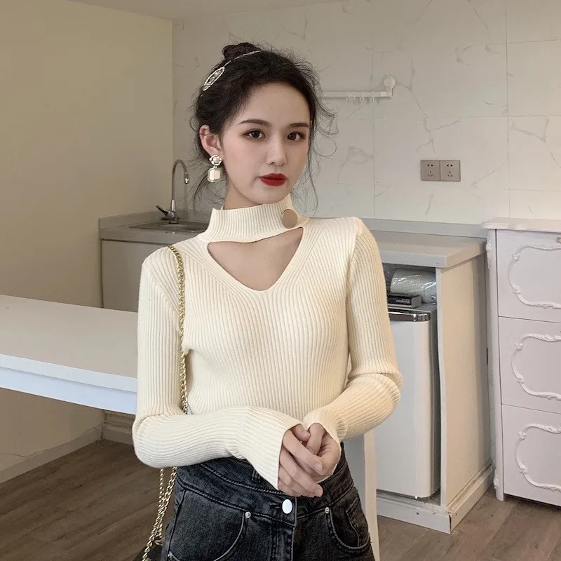 Cut Off Button Trim Turtleneck Sweater Women Spring Autumn Thin Long Sleeve Knit Slim Pullover Top Black White Coffee Sweater