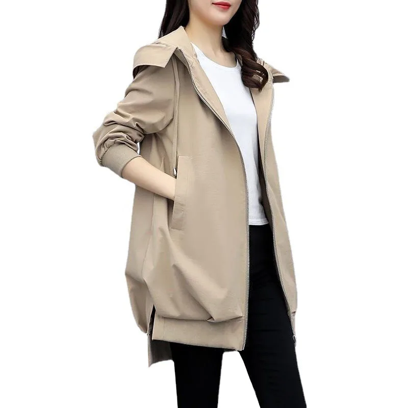 

2023New Spring Autumn Windbreaker Jacket Women Loose Hooded Zipper Pockets Lining Trench Coat Female Casual Overcoat Ladies Tops