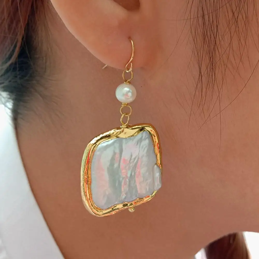 natural White Square Keshi Pearl Gold color plated Hook Earrings luxury style for women