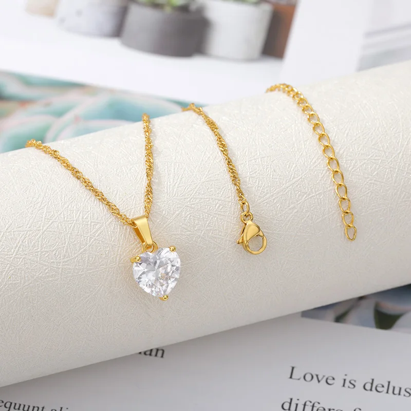 Zircon Heart Necklaces For Women Girls Lover Gold Color Stainless Steel Neck Chain Female Pendant Necklace Jewelry Birthday Gift