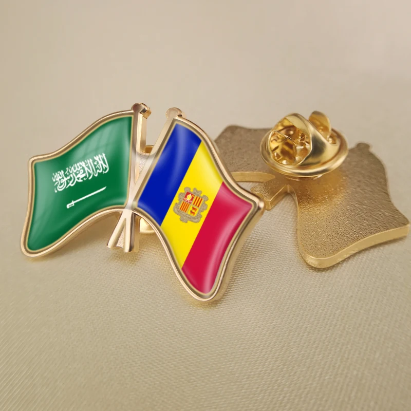 Saudi Arabia and Andorra Crossed Double Friendship Flags Lapel Pins Brooch Badges