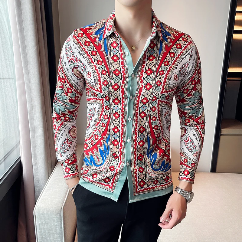 Men\'s Ethnic Floral Shirts Dress Casual Long Sleeved Slim Fit Royal Banquet Blouse Men Autumn Prom Party Camisas Para Hombre