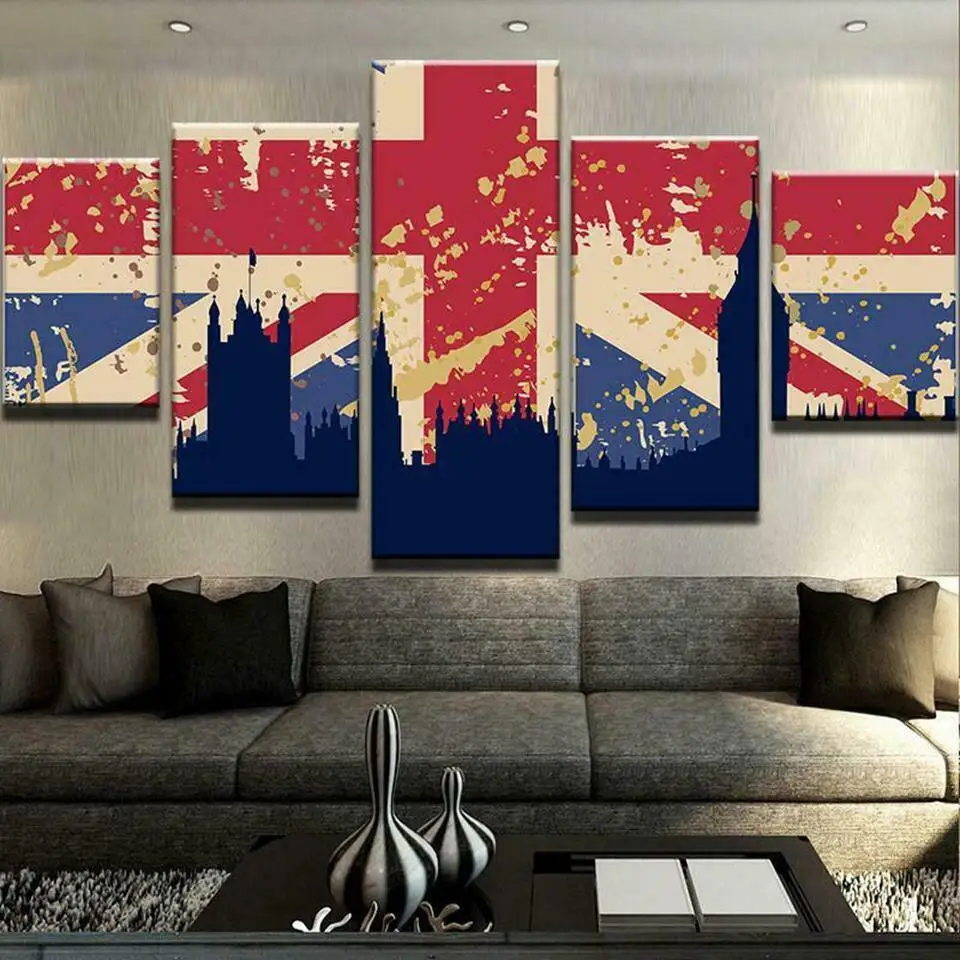 

5 Pcs Britain Flag Over London Canvas Pictures Print Wall Art Canvas Paintings Wall Decorations for Living Room Unframe