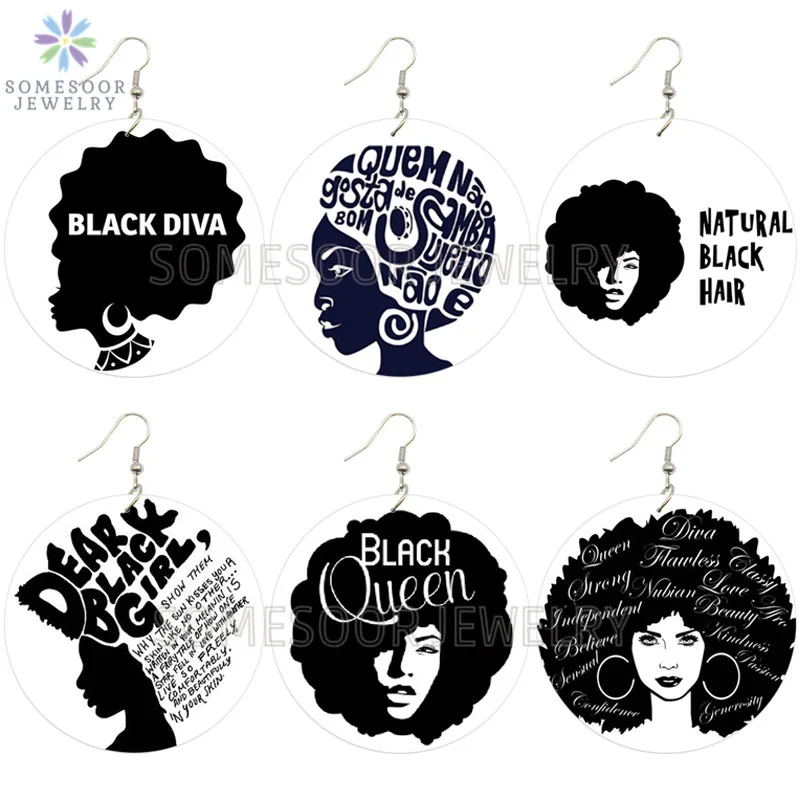 SOMESOOR Dear Black Girl Queen Diva Africa Natural Hair Wood Drop Earrings Afro Ethnic Print Wood Dangle Jewelry For Women Gifts