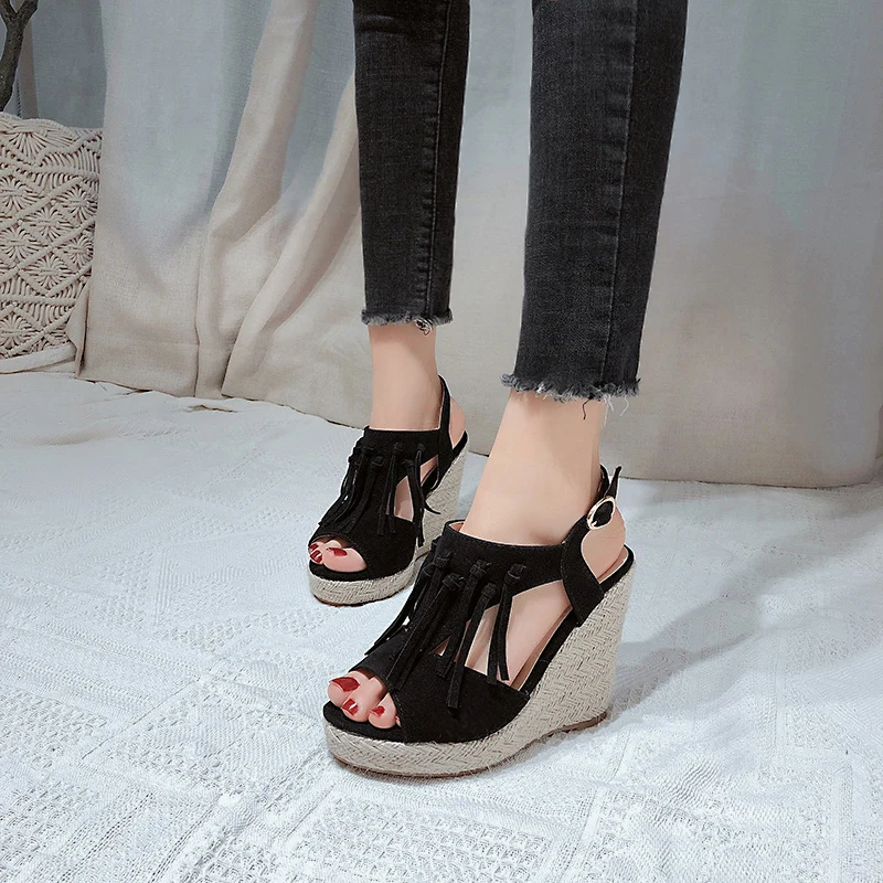 Women Wedges Size 34~50 Summer 2023 Flock Sandal Tassel Decorate Ankle Strap Men Casual Dress Platform Shoes