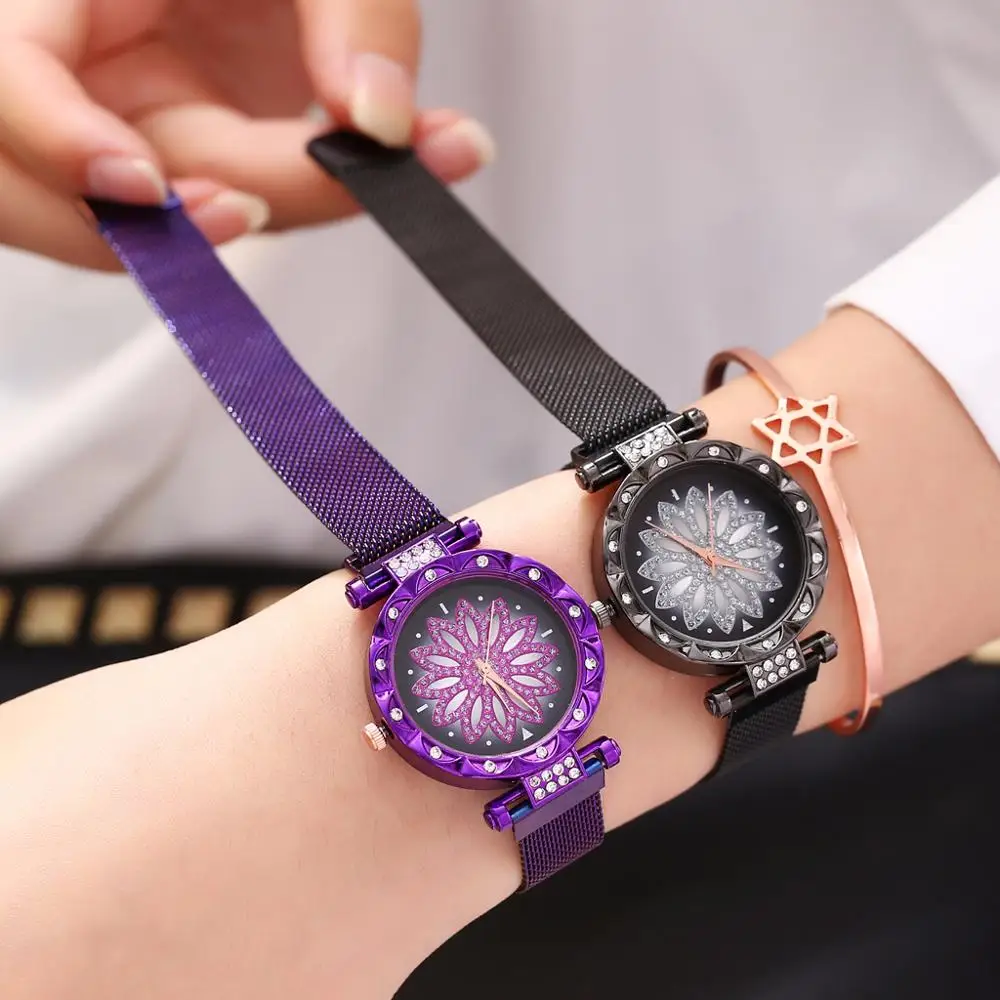 Pop Sale Women Magnet Buckle Starry Sky Flower Watch Plush Ladies Rhinestone Quartz Watch Clock Relogio Feminino Fashionable