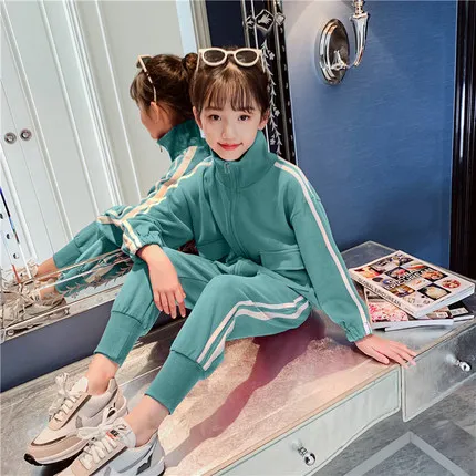 Girls Autumn Clothing Suit 2 Pcs Children's Striped Sports Clothes Tracksuit Spring Kids Zip Coat + Pants Sportwear Twinset P186