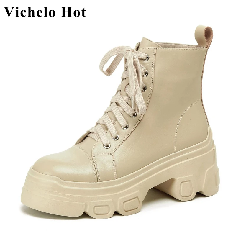 

Vichelo Hot short boots front lace up round toe causal shoes platform thick high heels real cow leather rivets ankle boots l2f3