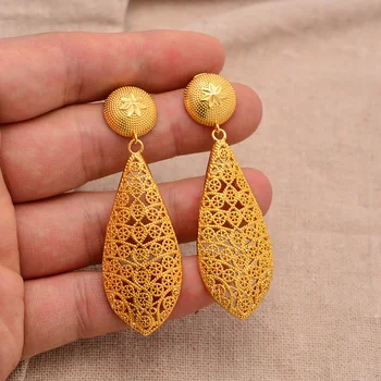 24K Fashion  Earrings For Women Yellow Gold Color Rarrings Vintage Long drops Round Hollow Jewelry Ethnic Wide Female Earrings
