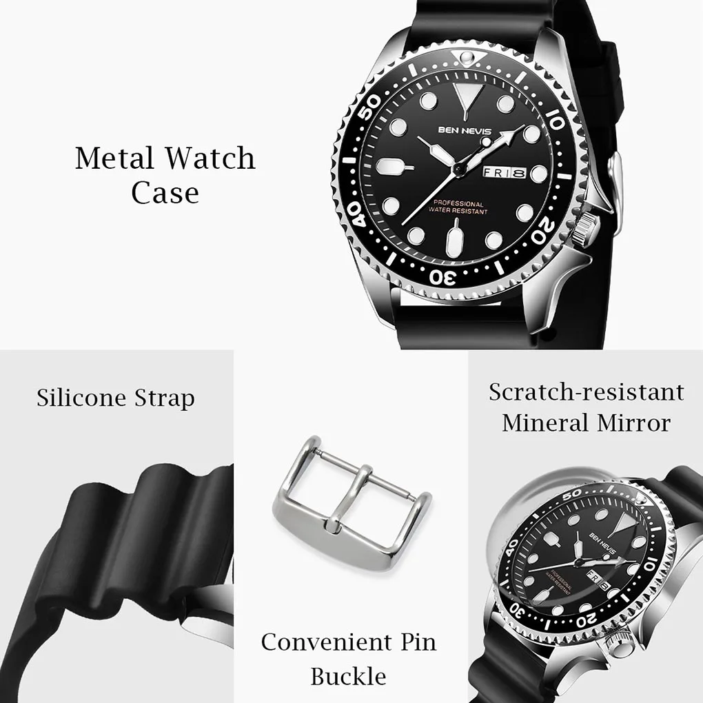 Fashion Men Waterproof Quartz Watch Adjustable Silicone Watchband Date Calendar Wrist Watches Multi Function Quartz Watch