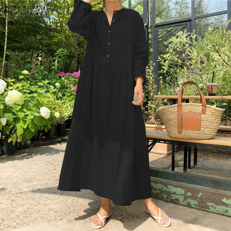 2023 Autumn ZANZEA Women Casual Solid Long Shirt Dress Pockets Long Maxi Vestidos Office Lady Work Cotton Dress Party Robe Femme