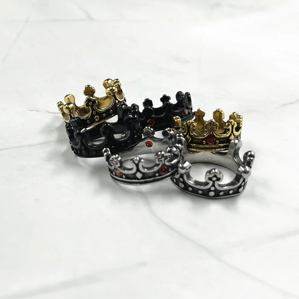 Stainless Steel Retro Black Gold color Rhinestone Royal Crown Man Woman Rings Simple for Male Girl Boyfriend Jewelry Wholesale