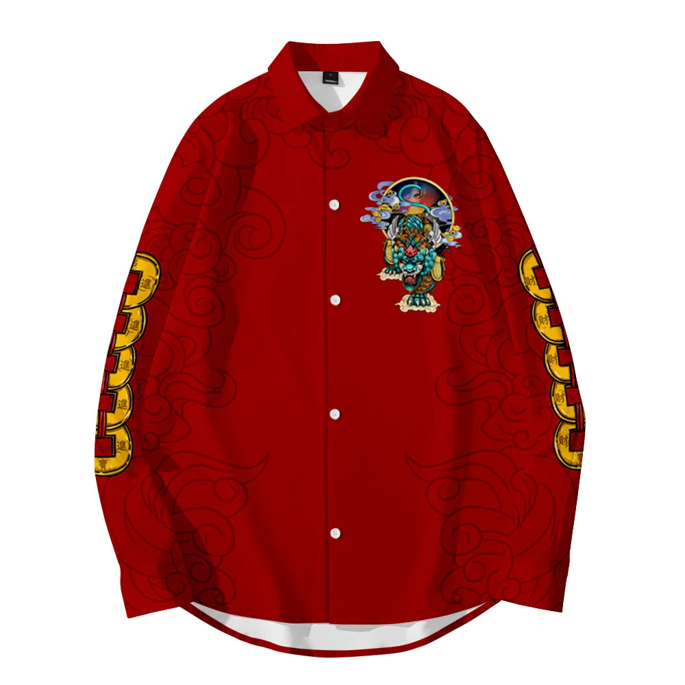 Men Blouse Shirts Tops Red Printed Long-Sleeved Loose Shirt Beach Cardigan Casual Jacket Plus Size XXS-6XL