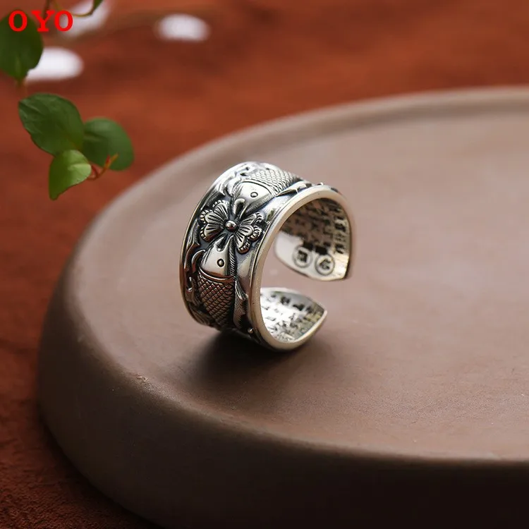 

999 Pure Silver Vintage Pisces Heart Sutra Ring