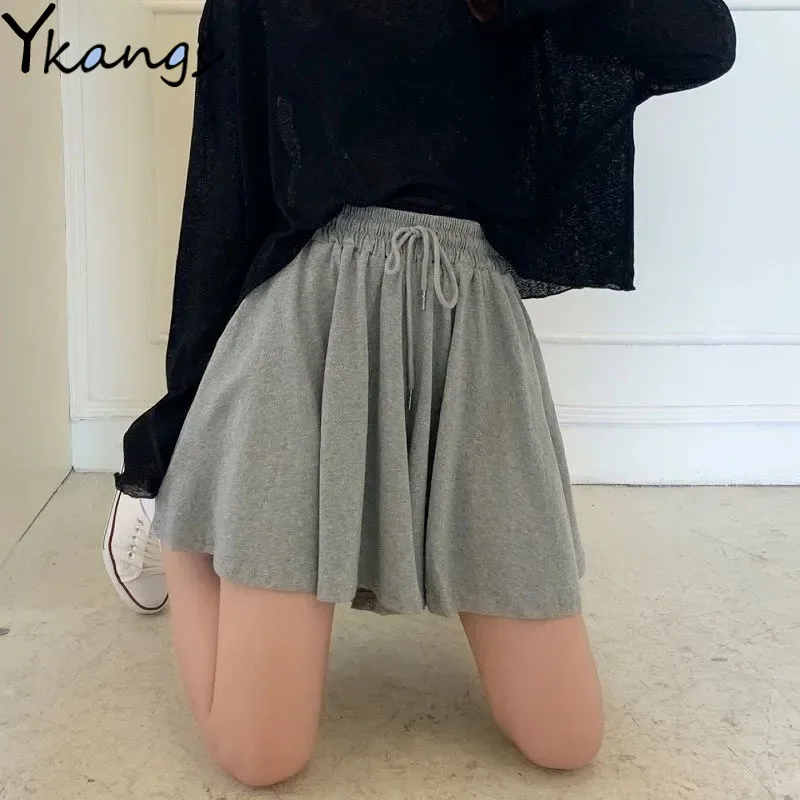 

Loose Pleated High-waisted Culottes Summer Breathable Women Wide-leg Shorts Korean Style College Style Lady Sports A-line Skirt