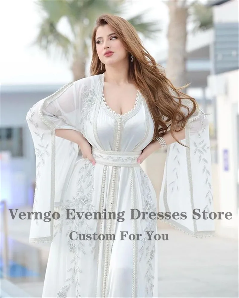 Verngo New Dubai Kaftan White Two Pieces Evening Dresses Silk Chiffon V Neck Long Open Sleeves Sash Lace Applique Prom Gowns