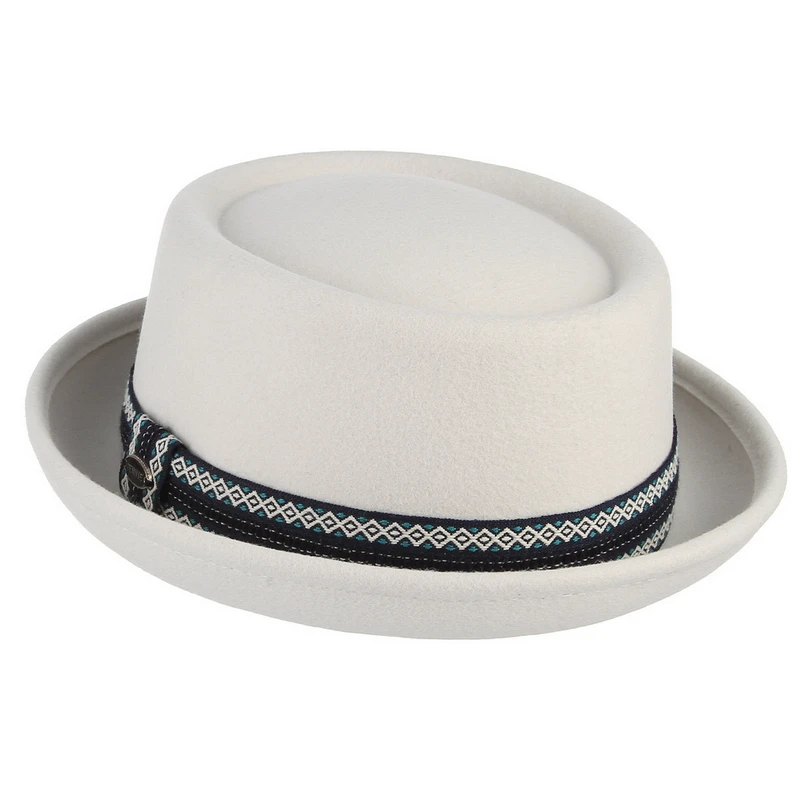 GEMVIE 100% Wool Felt Crushable Men Women White Porkpie Hat Curved Brim Pork Pie Wool Hat Unisex Autumn Winter Fedora