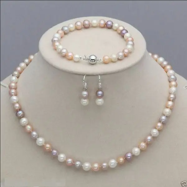 

New 7-8mm White Pink Purple Freshwater Pearl Necklace Bracelet Earrings Set