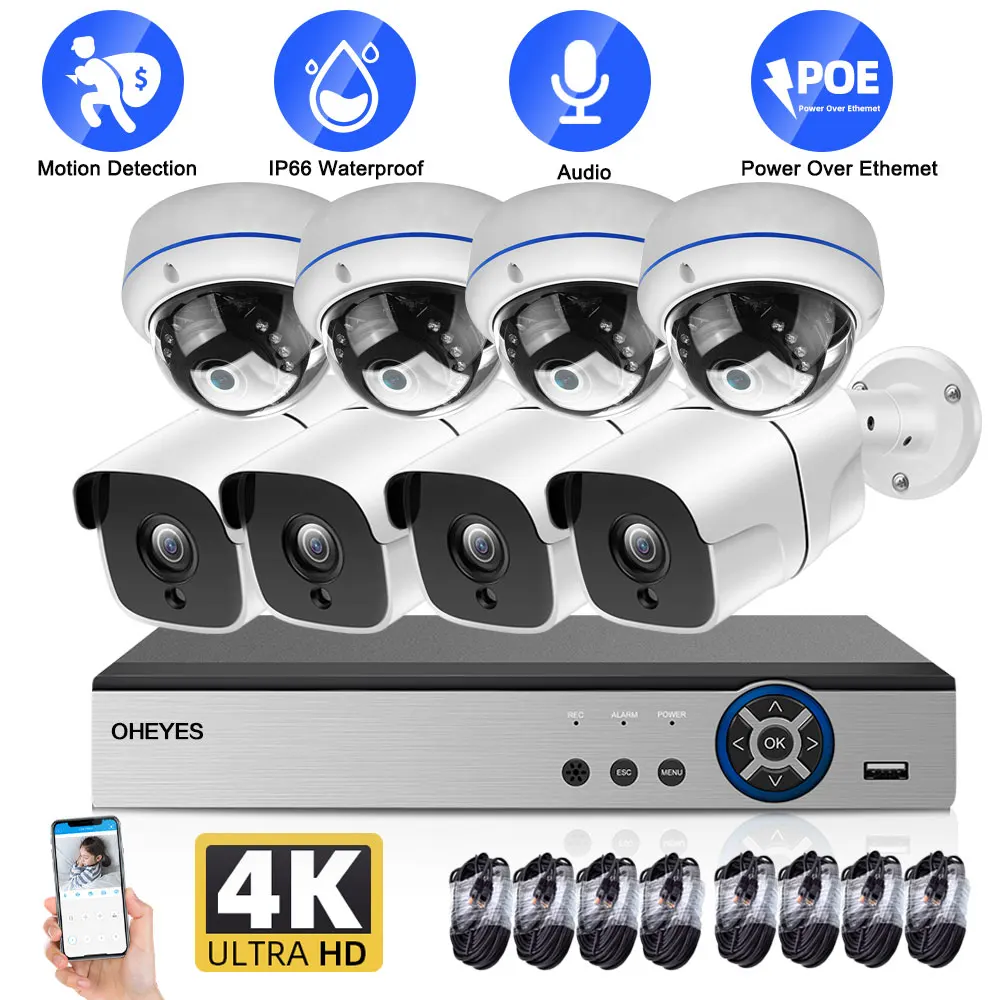 4K 8MP POE IP Camera Security System Set 8CH NVR Kit Outdoor Waterproof Night Vision CCTV Video Surveillance Cameras System Kit