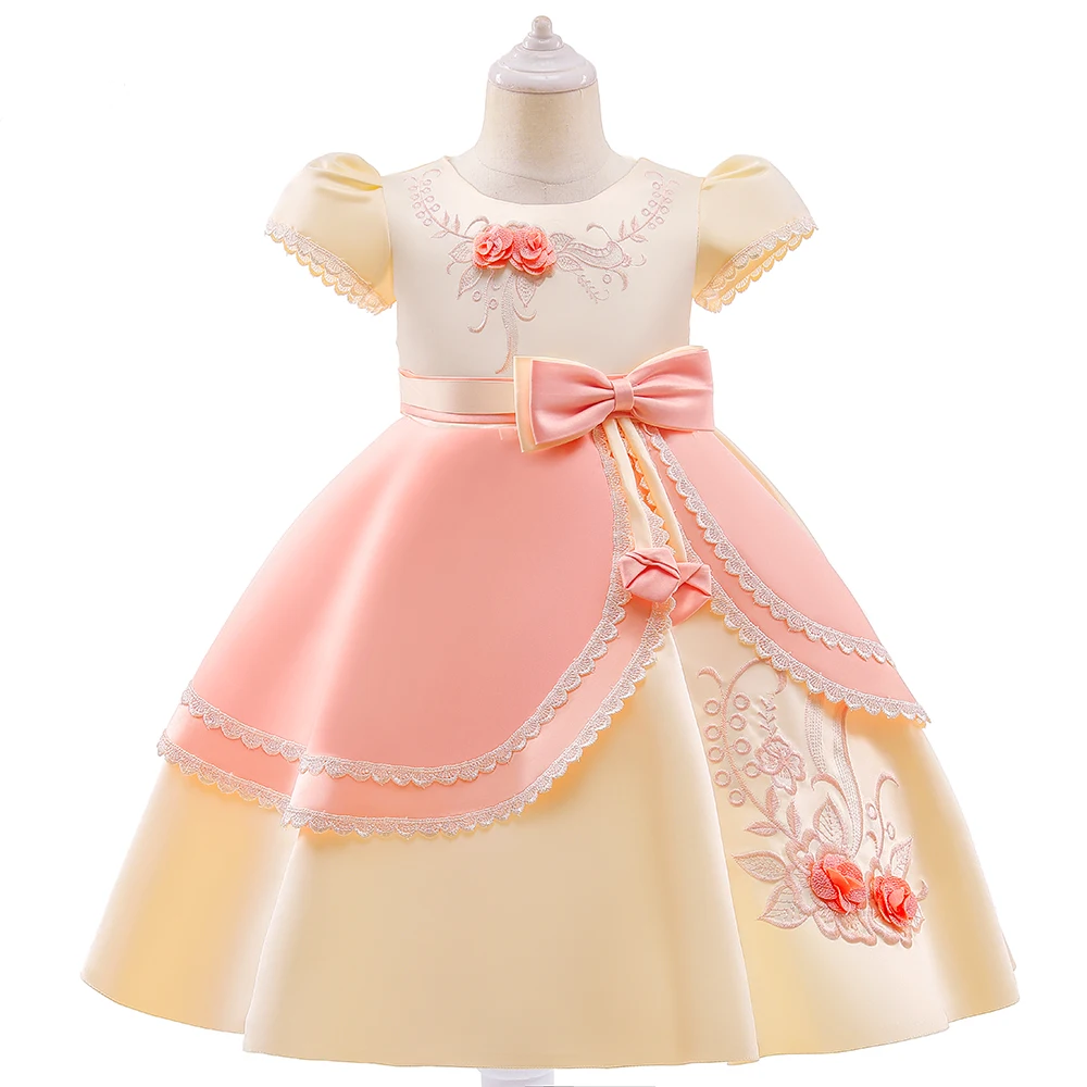 Girl Lovely Pink Costume Children Bow Lace Tulle Embroidered Three-dimensional Flower Party Princess Ball Gown Dress 3-10 Years