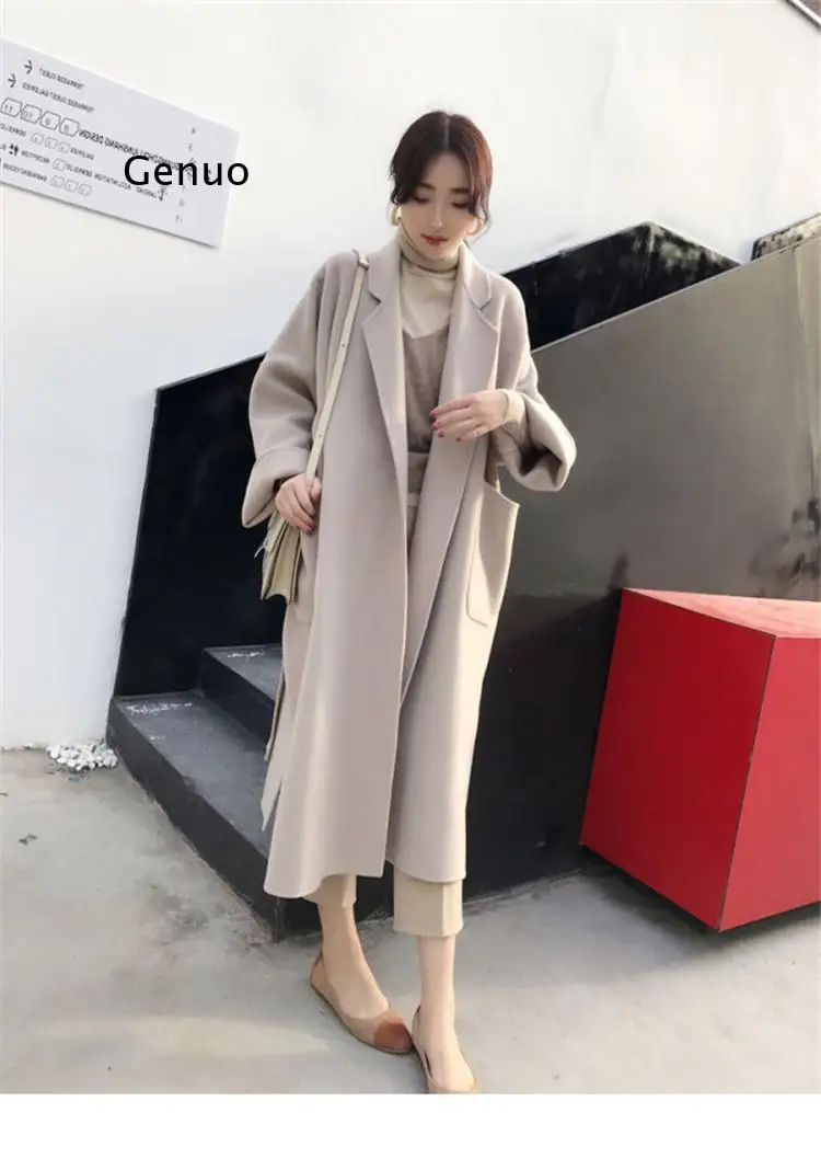 

Turn-Down Full Vintage Faux Wool Office-lady Women Korean Female Coat Ladies Spring Autumn Outerwear Thin Coats