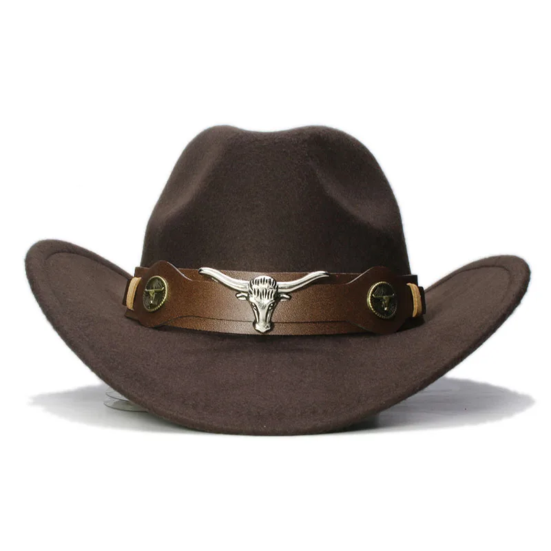 

Mistdawn Fashion Bull Ox Head Leather Band Vintage Women Men Wool Wide Brim Cowboy Western Hat Cowgirl Formal Bowler Cap 58cm